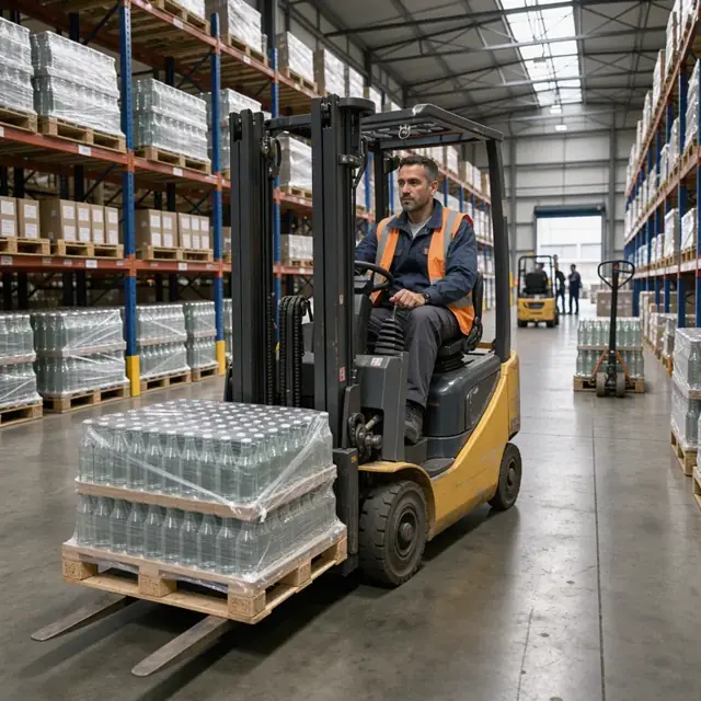 a forklift operator moving pallets of shrink-wrapped glass bottles in a high-bay warehouse