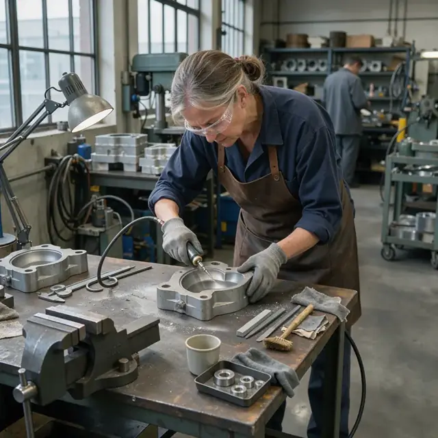 a machinist polishing the interior surface of a cast iron glass mold on a workbench with precision tools
