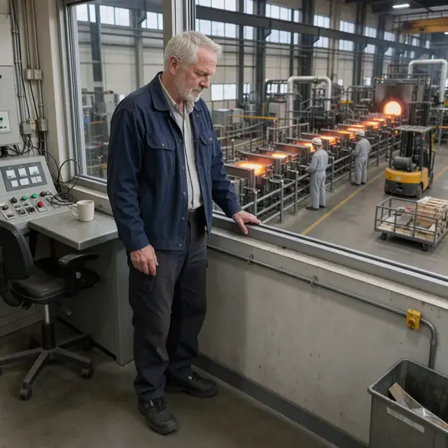 a supervisor standing at a control room window overlooking a row of glowing glass forming machines