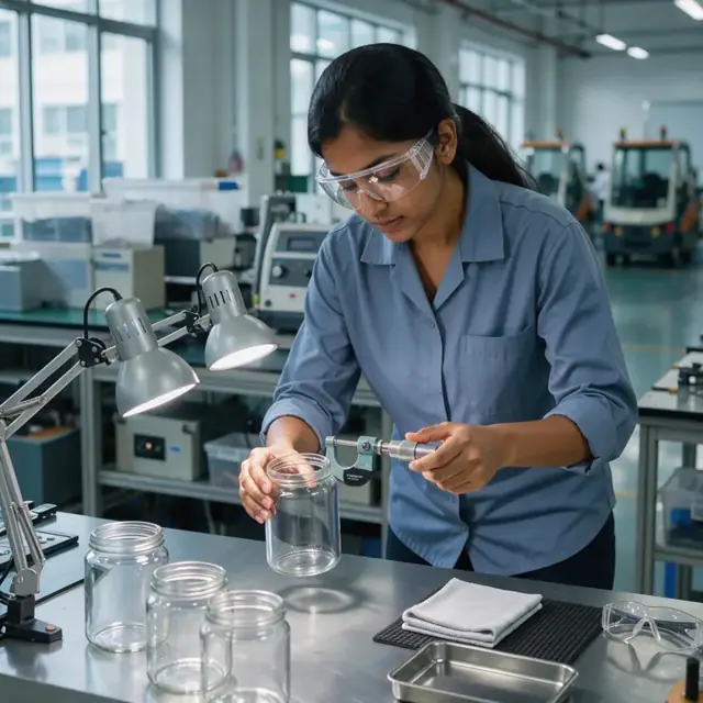 a technician using a micrometer to measure the wall thickness of a glass jar on a lab bench with inspection lights