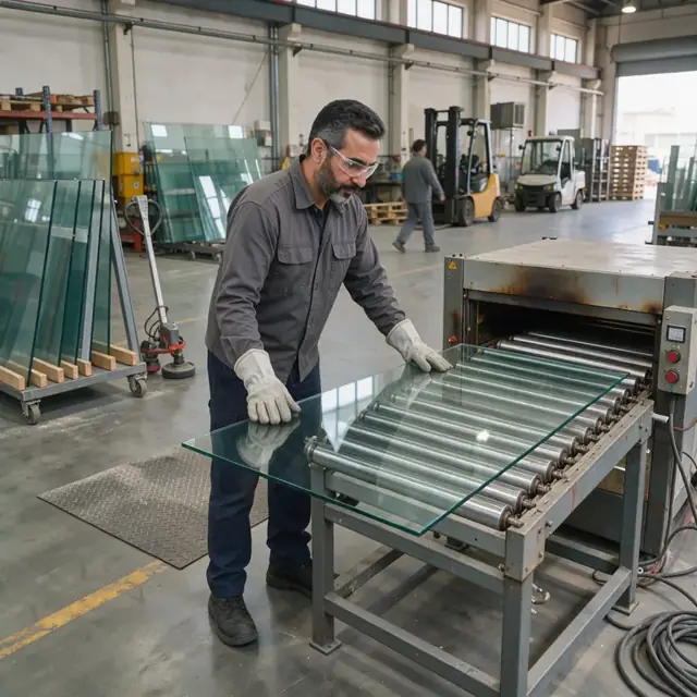 a worker loading a large sheet of glass into a horizontal tempering oven on a factory floor with heat-resistant gloves