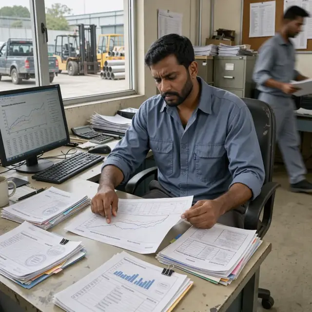 a worker at a desk reviewing stacks of printed emissions charts and permit forms next to a computer monitor