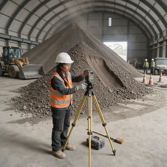 a worker wearing a hard hat and safety vest measuring clinker pile height with a laser device inside a large open storage dome