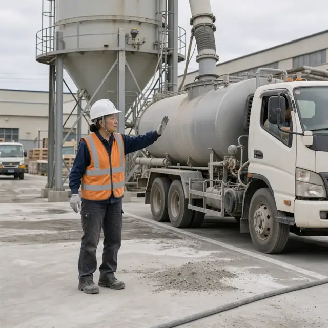a worker guiding a bulk cement tanker truck into position under a loading spout at a tall cement silo