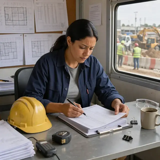 a project superintendent reviewing a stack of delivery tickets at a construction trailer desk with blueprints in the background