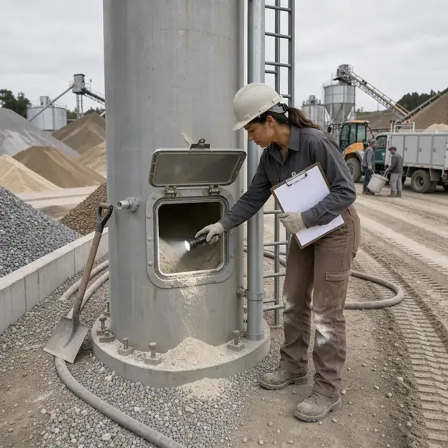 a worker in work boots checking cement silo levels with a flashlight and clipboard beside stacked aggregate piles