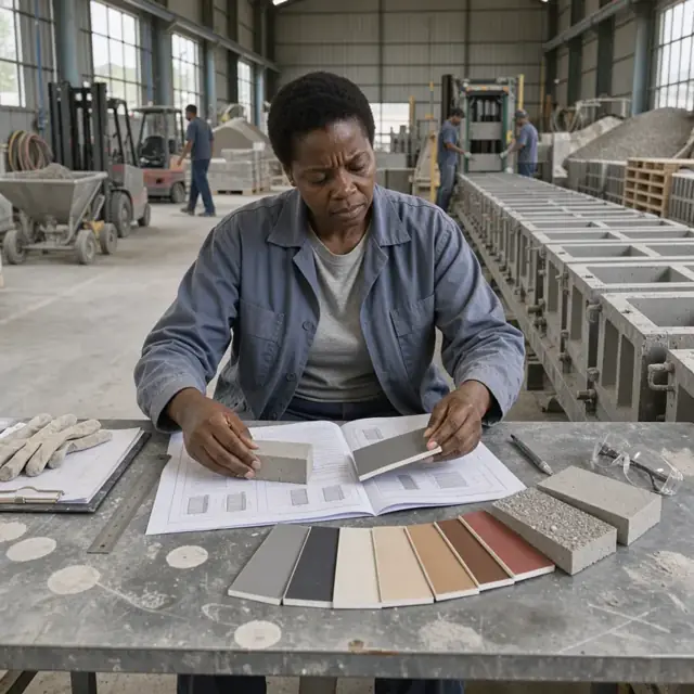 a worker at a desk reviewing printed specifications and physical color samples next to a row of concrete block molds