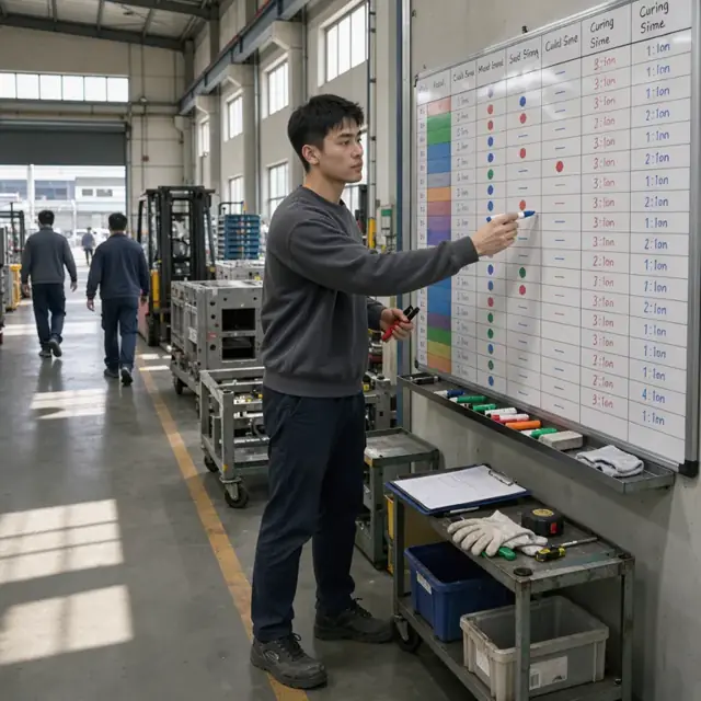 a worker standing at a large wall-mounted production board marking mold assignments and curing times with dry-erase markers