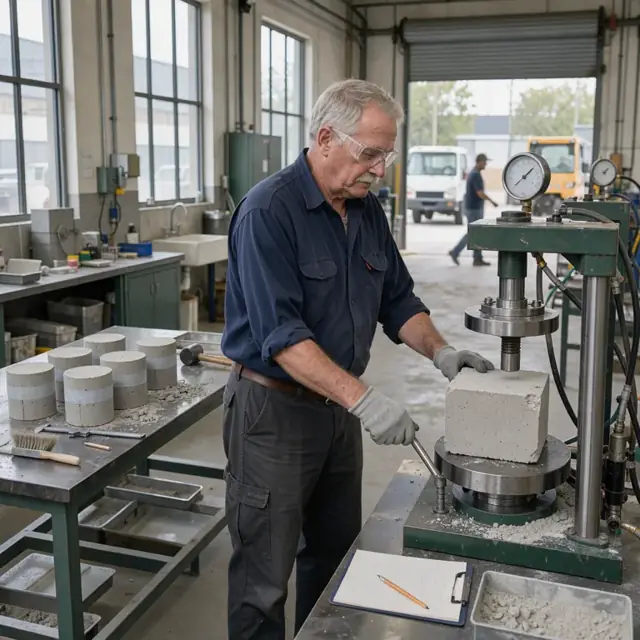 a worker using a compression testing machine on a concrete block sample in a plant laboratory with test cylinders on the bench