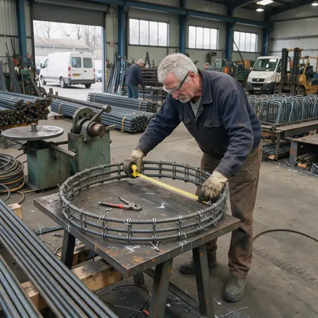 a worker measuring a circular steel reinforcement cage on a jig inside a rebar fabrication shop with benders and cutters nearby
