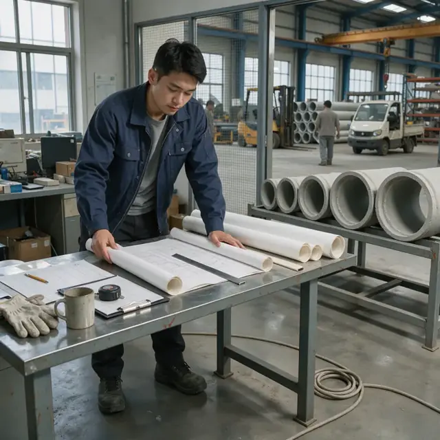a worker at a steel desk reviewing large rolled drawings and order sheets next to a row of concrete pipe samples in a plant office