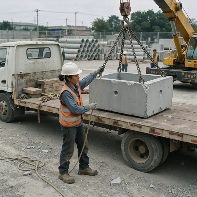 a worker guiding a crane hook attached to a large precast concrete vault being loaded onto a flatbed truck