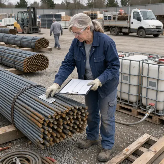 a worker checking rebar bundles and concrete admixture totes against an open inventory sheet in a materials yard