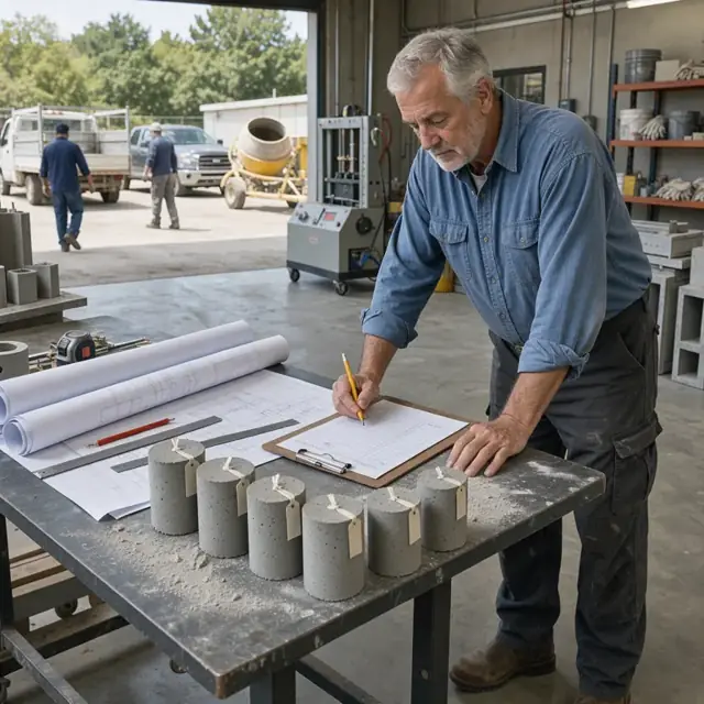a drafting table covered with rolled blueprints and a clipboard holding a fresh order form next to a row of concrete test cylinders