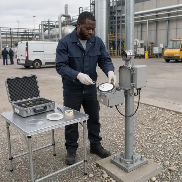 a worker replacing a filter paper in an air particulate sampler mounted on a metal pole outside an industrial plant