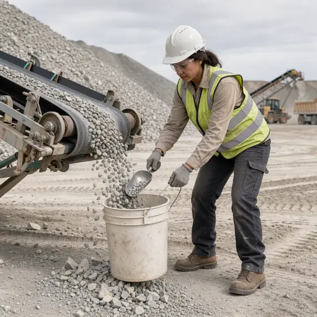 a worker in hard hat and high-visibility vest collecting a stone sample from the end of a conveyor belt into a five-gallon bucket at a quarry stockpile