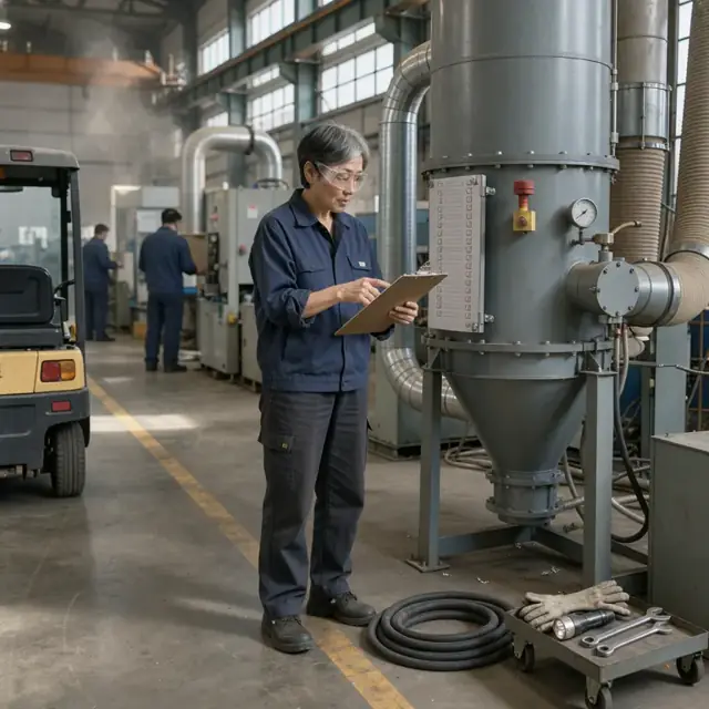 a worker in safety glasses reviewing a clipboard checklist next to an industrial dust collector in a manufacturing plant