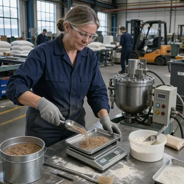 a worker wearing gloves weighing precise amounts of abrasive grain and resin powder on a digital scale in front of an industrial mixer