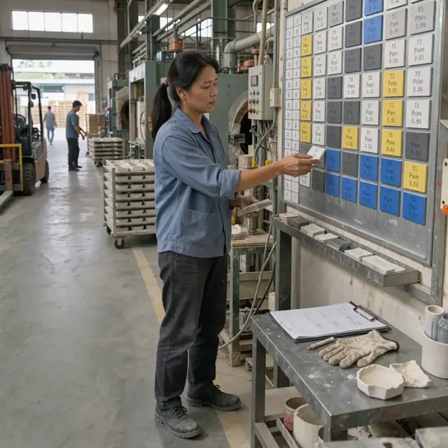 a worker updating a large wall-mounted production schedule board with magnetic cards showing press numbers and kiln temperatures