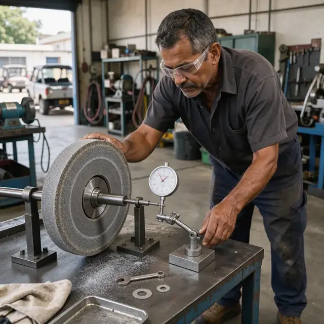 a worker using a dial indicator to check the balance of a large abrasive grinding wheel mounted on a test spindle