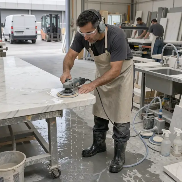 a worker using a hand polisher on the edge of a marble countertop at a wet fabrication station with water running