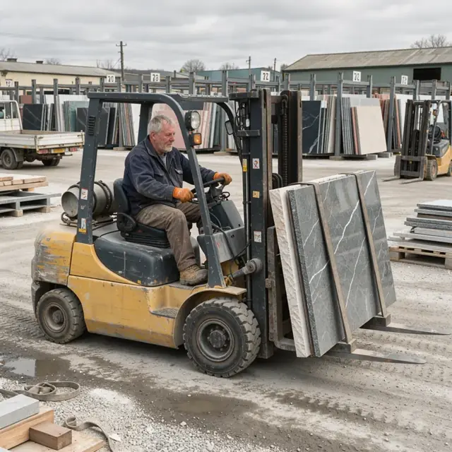 a worker using a forklift to move large granite slabs in an outdoor stone yard with numbered storage racks