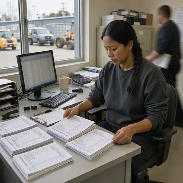 a worker at a desk organizing stacks of printed emissions logs and permit documents beside a computer monitor