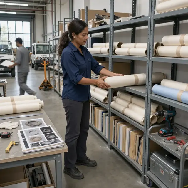 a worker organizing large rolled drawings and mold photos on shelves in a clean office area