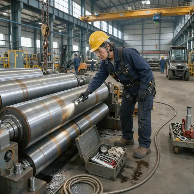 a worker wearing a hard hat and safety harness inspecting large steel mill rollers in a maintenance bay with overhead cranes