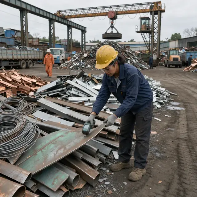 a worker in a hard hat inspecting piles of sorted scrap metal with a handheld analyzer next to a large overhead magnet crane
