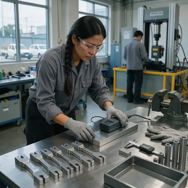 a worker in a testing lab using a spectrometer on a steel sample with tensile test specimens lined up on the bench