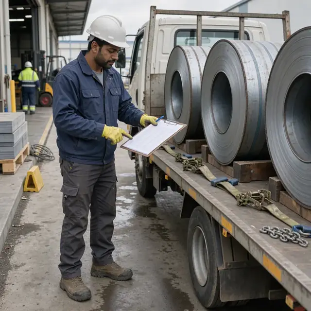 a worker at a loading dock checking steel coils against a printed packing list before they are secured on a flatbed truck