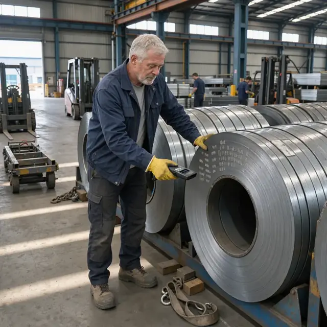 a worker in a warehouse using a handheld scanner to check markings on large steel coils stacked on racks