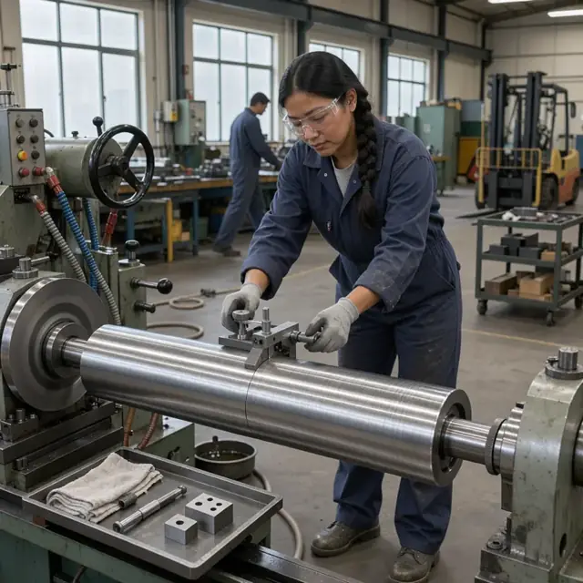 a worker measuring the profile of a large rolling mill roll on a precision grinding machine in a tool room