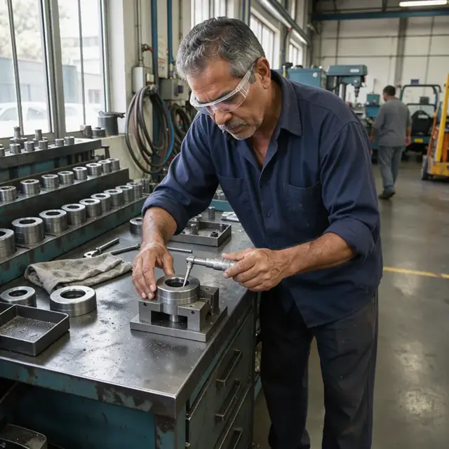 a worker using a micrometer to measure the bearing diameter of a carbide wire drawing die at a workbench with a die rack in the background