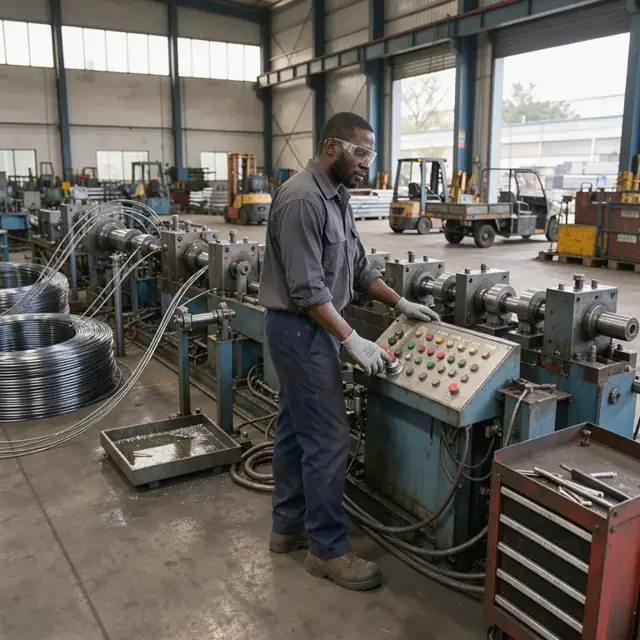 a worker standing at a control panel of a multi-block wire drawing machine with coils of rod feeding in from the left