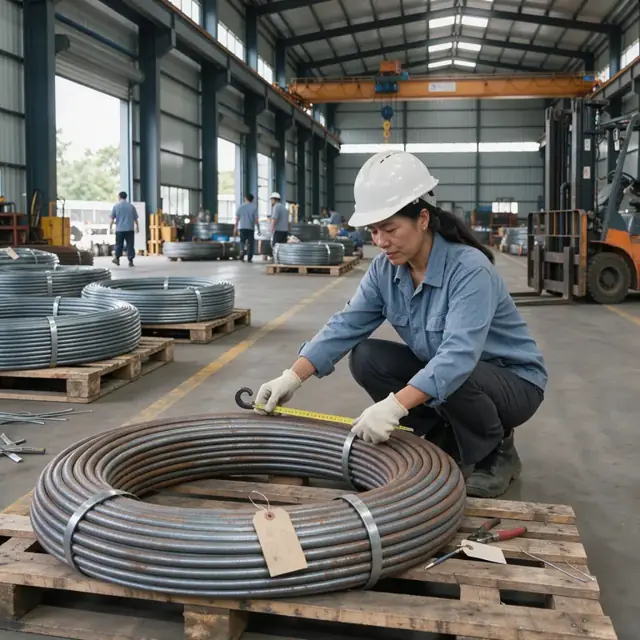 a worker measuring and tagging large coils of steel rod stored on pallets under overhead cranes