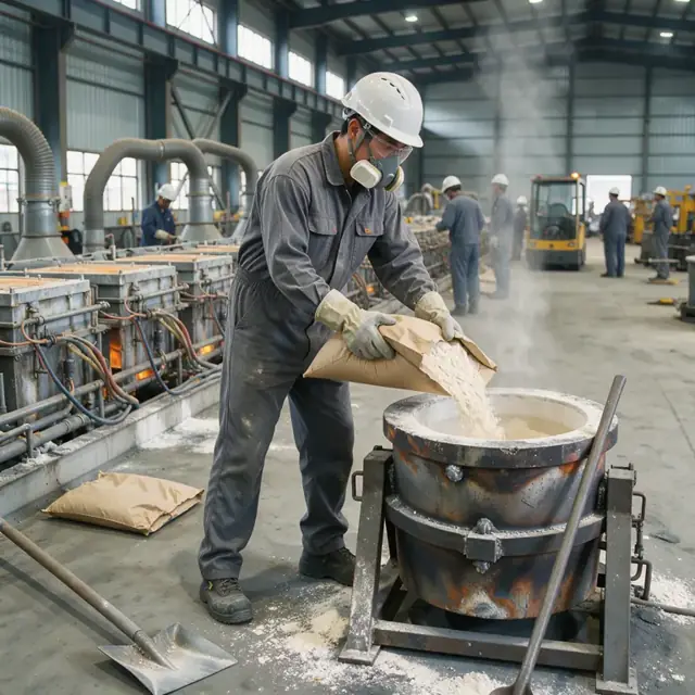 a worker in flame-resistant coveralls adding powdered bath material from a sack into a large crucible beside an operating potline