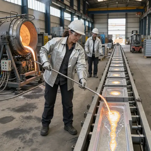 a worker guiding a stream of molten aluminum from a tilting furnace into a row of ingot molds on a casting line