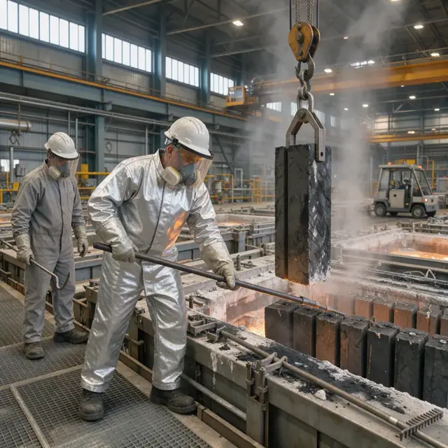 a worker in full PPE replacing a carbon anode in an electrolytic cell using an overhead crane and specialized tools