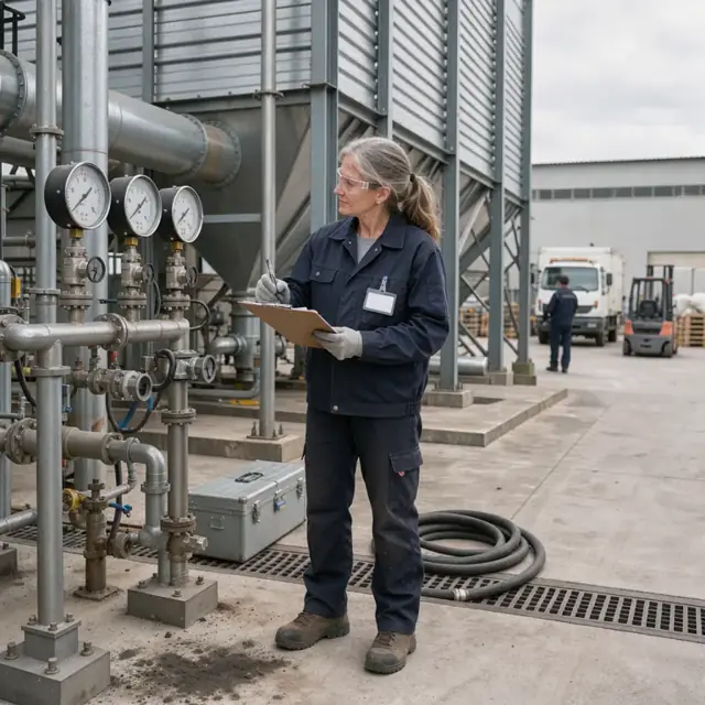 a worker wearing safety glasses checking pressure gauges and recording data on a clipboard beside a large fabric filter baghouse in an industrial yard
