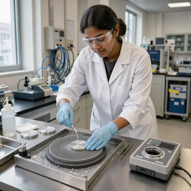 a worker in a laboratory coat preparing a small aluminum sample disk on a polishing wheel before inserting it into a spectrometer
