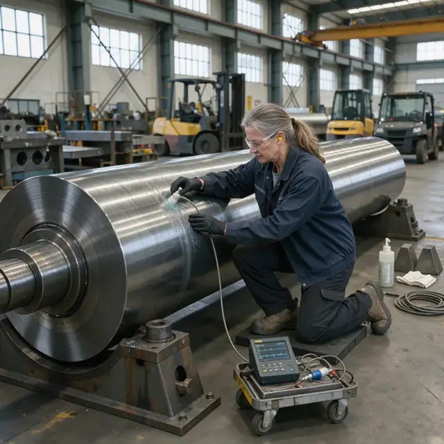 a worker performing ultrasonic inspection on a large rolling mill roll in a maintenance bay