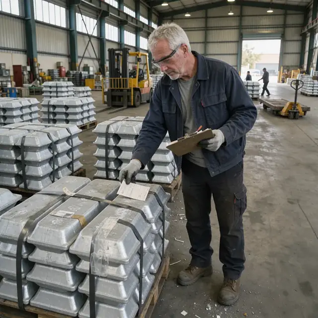 a worker checking aluminum ingot inventory tags on stacked bundles in a mill warehouse