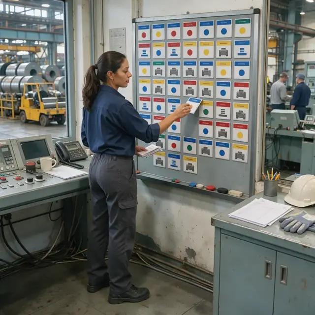 a worker standing in front of a scheduling board with magnetic cards showing coil orders and equipment status inside a rolling mill control room