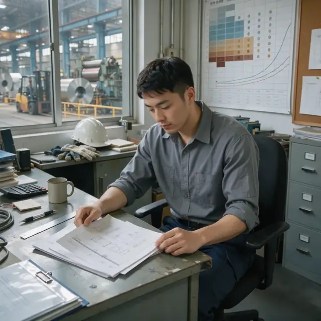 a worker at a desk reviewing specification documents next to a wall chart of alloy properties in a mill office