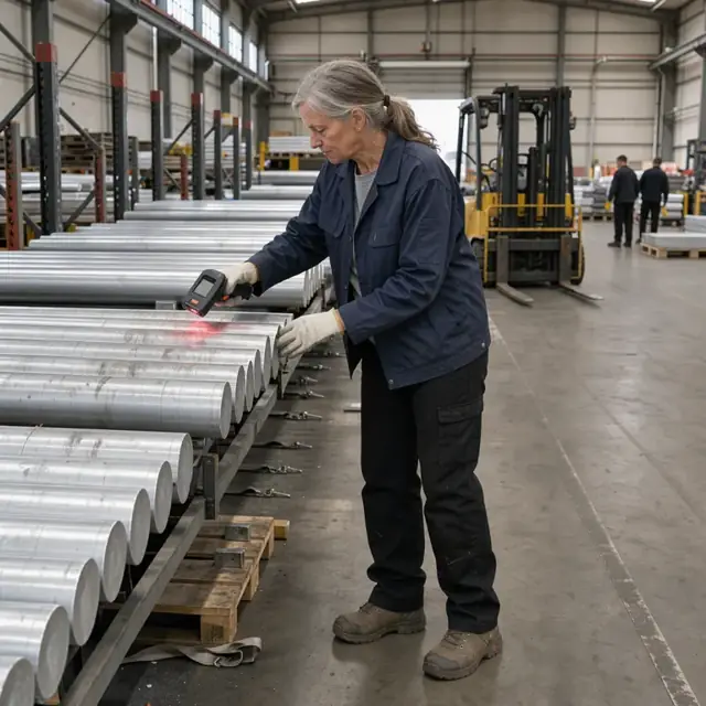 a worker using a handheld scanner to check aluminum billet inventory stacked on racks inside a warehouse