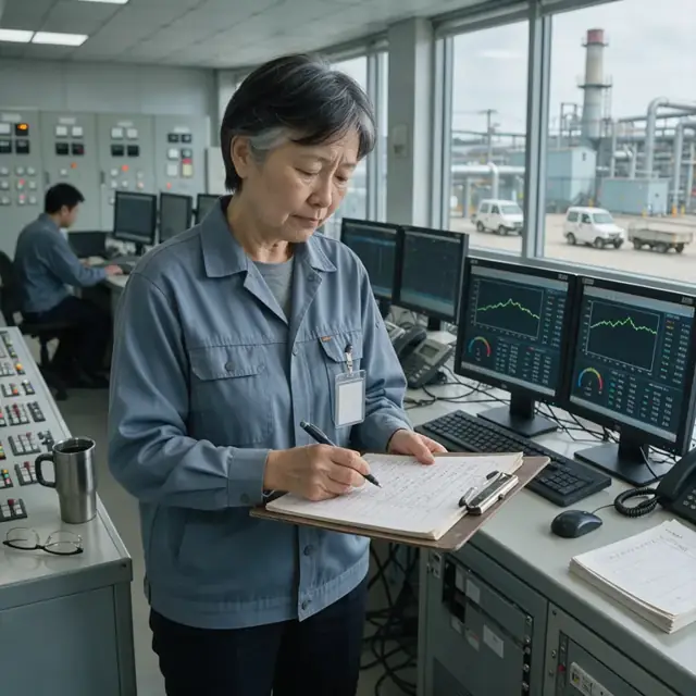 a worker in a control room recording stack emission readings from monitors onto a clipboard beside a computer terminal
