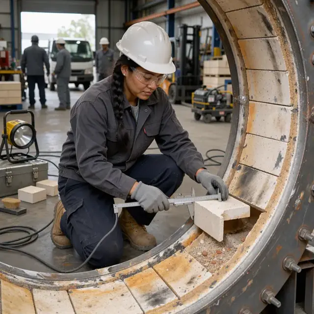 a worker wearing gloves measuring the thickness of refractory brick inside a cooled furnace shell with a caliper