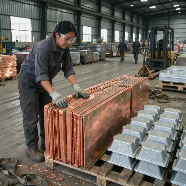 a worker in protective gloves inspecting copper cathodes and alloying ingots stacked on pallets in a raw material warehouse